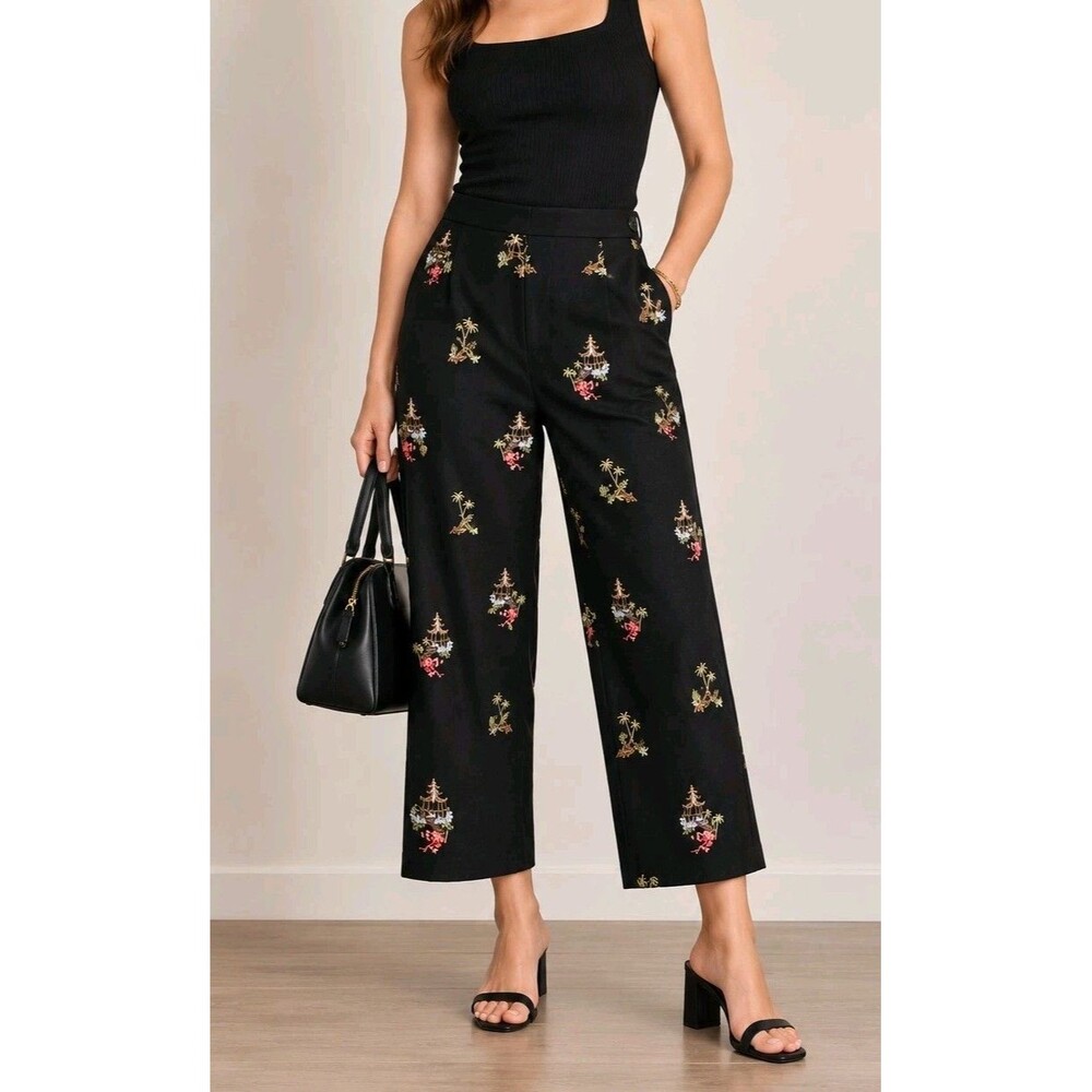Talbots Petites Black Embroidered Silk Cotton Pants 6 Asian Pagoda Palm Tree
